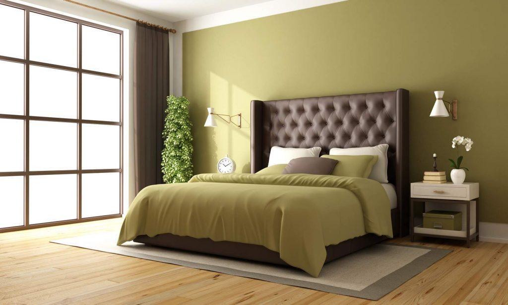 Chambre avec décoration verte et marron